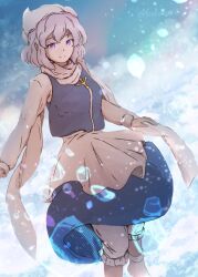 Rule 34 | 1girl, apron, bloomers, blue vest, closed mouth, commentary request, feet out of frame, kakera (comona base), lapel pin, letty whiterock, light purple hair, long sleeves, looking at viewer, outdoors, purple eyes, scarf, short hair, smile, snow, solo, touhou, underwear, vest, white apron, white headwear, white scarf