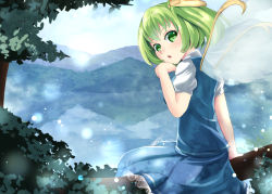 Rule 34 | 1girl, daiyousei, fairy wings, forest, green eyes, green hair, hair ribbon, hand on own chin, highres, in tree, lake, light particles, looking at viewer, looking back, matching hair/eyes, mountain, nature, open mouth, outdoors, puffy short sleeves, puffy sleeves, ribbon, short hair, short sleeves, side ponytail, sinkai, sitting, skirt, skirt set, solo, touhou, tree, wings