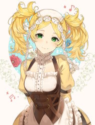 Rule 34 | 1girl, arms behind back, belt, blonde hair, blush, breasts, brown belt, brown vest, commentary, commission, cowboy shot, dress, english commentary, fire emblem, fire emblem awakening, flower, forehead, framed breasts, frilled dress, frills, green eyes, haru (nakajou-28), head tilt, highres, leaning forward, leather vest, lissa (fire emblem), long sleeves, looking at viewer, medium breasts, medium hair, musical note, nintendo, parted bangs, puffy long sleeves, puffy sleeves, shadow, sidelocks, smile, solo, tan background, twintails, vest