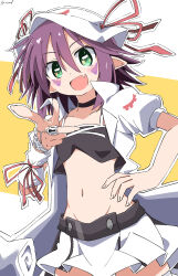 Rule 34 | 1girl, absurdres, choker, cynical (llcbluckg c004), facial mark, fang, green eyes, hat, highres, looking at viewer, merry nightmare, midriff, navel, open mouth, pointy ears, purple hair, ribbon, short hair, skirt, smile, solo, striped clothes, striped thighhighs, thighhighs, yumekui merry