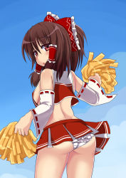 Rule 34 | 1girl, adapted costume, arm up, ass, blue sky, bow, breasts, brown eyes, brown hair, cheerleader, comord, day, detached sleeves, female focus, frilled panties, frills, hair bow, hair tubes, hakurei reimu, highres, japanese clothes, looking back, midriff, miko, open mouth, panties, pantyshot, pom pom (cheerleading), shirt, sideboob, skirt, skirt set, sky, small breasts, solo, touhou, underwear, upskirt, white panties