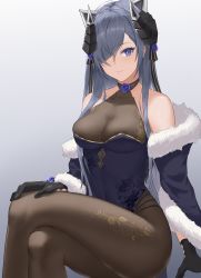 Rule 34 | 1girl, alternate costume, august von parseval (azur lane), azur lane, bare shoulders, black pantyhose, blue dress, blue eyes, blue flower, blue hair, blue rose, bodystocking, breasts, china dress, chinese clothes, cloak, closed mouth, covered collarbone, crossed legs, curled horns, dress, floral print, flower, fur trim, gloves, gradient background, hair over one eye, halter dress, halterneck, highres, horns, knees, large breasts, long hair, looking at viewer, mechanical horns, ningri (lianyungangwyz), non-humanoid robot, off-shoulder dress, off shoulder, one eye covered, pantyhose, robot, robot dragon, rose, simple background, smile, solo, taut clothes, taut dress, thighs, tsurime