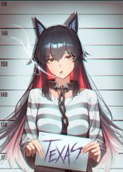 Rule 34 | 1girl, absurdres, alternate costume, animal ear fluff, animal ears, arknights, black hair, brown eyes, chain, character name, chromatic aberration, cigarette, collar, commentary request, drop shadow, hair between eyes, highres, holding, huge filesize, jaws (okdol0928), long hair, long sleeves, looking at viewer, mouth hold, mugshot, multicolored hair, prison clothes, red hair, shirt, smoke, smoking, solo, striped clothes, striped shirt, texas (arknights), upper body, very long hair, wolf ears