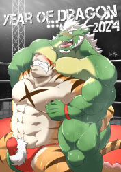Rule 34 | 2boys, abs, absurdres, bara, beard, blush, bulge, chinese zodiac, dragon boy, erection, erection under clothes, facial hair, full beard, furry, furry male, furry with furry, highres, large pectorals, male focus, mature male, multiple boys, muscular, muscular male, navel, nipple stimulation, nipple tweak, nipples, original, pectorals, precum, precum through clothes, short hair, stomach, strongman waist, submission hold, sweat, thick beard, thick eyebrows, thick thighs, thighs, tiger boy, very sweaty, wrestle tiger46, wrestling, wrestling outfit, wrestling ring, yaoi, year of the dragon, year of the tiger