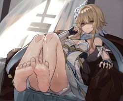 Rule 34 | 1girl, barefoot, blonde hair, blush, breasts, feet, genshin impact, large breasts, looking at viewer, lumine (genshin impact), short hair, the olphy
