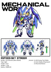 Rule 34 | arm blade, character name, character sheet, chibi, clenched hands, commentary, english commentary, evogear: unleashed, from side, highres, indonesian commentary, mecha, mixed-language commentary, multiple views, no humans, orange eyes, profile, robot, sky strider, stats, straight-on, vistahero, weapon, white background