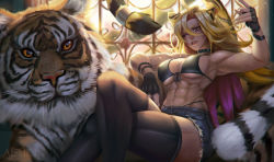 Rule 34 | 1girl, abs, absurdres, aisurin, animal ears, artist name, biceps, bikini, black bikini, black gloves, black thighhighs, blonde hair, breasts, character request, cleavage, crossed legs, denim, denim shorts, fingerless gloves, gloves, highres, indie virtual youtuber, large breasts, lips, long hair, looking at viewer, muscular, muscular female, navel, one eye closed, orange eyes, parted lips, short shorts, shorts, sitting, solo, swimsuit, tail, thighhighs, tiger, tiger ears, tiger girl, tiger tail, virtual youtuber