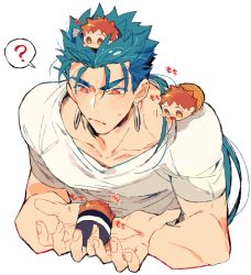 Rule 34 | 1boy, ?, blue hair, character doll, chibi, cu chulainn (fate), cu chulainn (fate/stay night), cupping hands, earrings, emiya shirou, fate/hollow ataraxia, fate/stay night, fate (series), from above, jewelry, long hair, male focus, own hands together, ponytail, red eyes, shirt, spoken question mark, t-shirt, tatsuta age, tsum-tsum, upper body