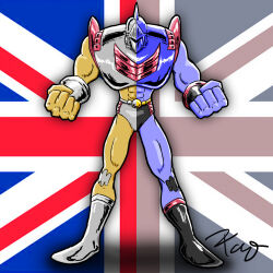 Rule 34 | 1boy, abs, alternate color, armor, artist request, biceps, united kingdom, british flag, full body, helmet, kinnikuman, large pectorals, manly, muscular, pectorals, robin mask, shaded face, solo, wrestling, wrestling outfit