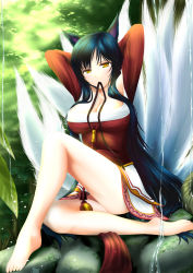 Rule 34 | 1girl, ahri (league of legends), animal ears, barefoot, black hair, blue hair, breasts, cleavage, artistic error, feet, fox ears, fox tail, korean clothes, large breasts, league of legends, legs, long hair, makishima rin, mouth hold, multiple tails, solo, sunlight, tail, toes, water, yellow eyes