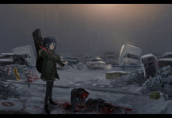Rule 34 | 1girl, bad id, bad pixiv id, bandaged hand, bandages, black footwear, black hair, black pantyhose, blood, blood on clothes, blood on face, bloody weapon, blue eyes, blush, car, closed mouth, coat, commentary, corpse, from side, green coat, guitar case, hair between eyes, head tilt, holding, holding sword, holding weapon, hood, hooded coat, instrument case, letterboxed, long sleeves, motor vehicle, night, original, outdoors, pantyhose, seikimatsu rori, shoes, sign, snow, snowing, solo, standing, sword, traffic cone, twintails, weapon