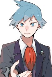 Rule 34 | 1boy, aqua eyes, aqua hair, closed mouth, collared shirt, commentary request, creatures (company), fingernails, game freak, grey jacket, highres, jacket, jewelry, looking at viewer, male focus, momotose (hzuu xh4), necktie, nintendo, pokemon, pokemon oras, ring, shirt, short hair, simple background, smile, solo, steven stone, upper body, vest, white background, white shirt