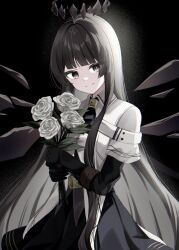 Rule 34 | 1girl, arknights, ascot, belt buckle, black ascot, black background, black gloves, black hair, black halo, black skirt, black wings, blunt bangs, bouquet, breasts, broken halo, buckle, closed mouth, collared jacket, colored inner hair, commentary request, cowboy shot, dark halo, detached wings, diamond-shaped pupils, diamond (shape), energy wings, eyelashes, flower, from side, gloves, grey eyes, grey hair, grey shirt, halo, hands up, highres, hime cut, holding, holding bouquet, jacket, layered sleeves, leaf, light particles, light smile, long hair, long sleeves, looking at viewer, looking to the side, miniskirt, multicolored hair, nishimiya aki, pale skin, pleated skirt, rose, shade, shirt, short over long sleeves, short-sleeved jacket, short sleeves, sidelighting, sidelocks, skirt, small breasts, solo, standing, straight hair, strap, symbol-shaped pupils, two-tone hair, very long hair, virtuosa (arknights), white flower, white jacket, white rose, wide sleeves, wing collar, wings, yellow pupils