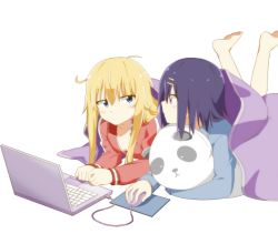 Rule 34 | 10s, 2girls, ahoge, animal-shaped pillow, barefoot, blanket, blonde hair, blue eyes, computer, downblouse, friends, gabriel dropout, gabriel tenma white, hair down, hair ornament, hairclip, highres, hugging object, jacket, jitome, laptop, legs up, looking at another, lying, mouse (animal), mouse (computer), mousepad, mousepad (object), multiple girls, on stomach, pajamas, panda, pillow, pillow hug, purple eyes, purple hair, shigure (sigre), short hair, track jacket, vignette tsukinose april
