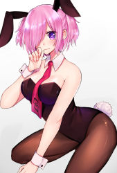 Rule 34 | 1girl, alternate costume, animal ears, bare shoulders, black leotard, blush, breasts, brown pantyhose, closed eyes, closed mouth, collar, commentary request, detached collar, fake animal ears, fate/grand order, fate (series), gradient background, grey background, hair over one eye, hand to own mouth, highres, leotard, maria (maria0304), mash kyrielight, medium breasts, necktie, pantyhose, pink hair, pink necktie, playboy bunny, purple eyes, rabbit ears, rabbit girl, rabbit tail, short hair, solo, strapless, strapless leotard, tail, white background, white collar, wing collar, wrist cuffs