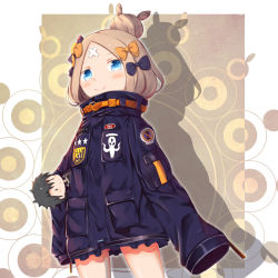 Rule 34 | 1girl, abigail williams (fate), abigail williams (traveling outfit) (fate), bandaid, bandaid on face, bandaid on forehead, black bow, black hair, black jacket, blonde hair, blue eyes, blush, bow, character doll, closed mouth, commentary request, cowboy shot, fate/grand order, fate (series), fujimaru ritsuka (male), fujimaru ritsuka (male) (polar chaldea uniform), hair bow, hair bun, highres, jacket, long hair, long sleeves, looking at viewer, hugging object, official alternate costume, orange bow, parted bangs, polar chaldea uniform, polka dot, polka dot bow, single hair bun, sleeves past fingers, sleeves past wrists, smile, solo, su guryu, uniform