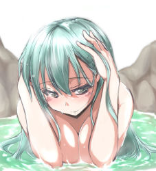 Rule 34 | 10s, 1girl, arms up, blush, green hair, grey eyes, hair in own mouth, kantai collection, long hair, mikagami sou, mouth hold, nude, onsen, partially submerged, solo, suzuya (kancolle)