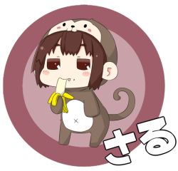 Rule 34 | 10s, 1girl, animal costume, animal ears, brown eyes, brown hair, chinese zodiac, eating, food, food on face, holding, holding food, hyuuga (kancolle), kantai collection, monkey costume, monkey ears, monkey tail, open mouth, puchimasu!, short hair, simple background, solo, tail, translation request, yuureidoushi (yuurei6214)