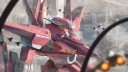 Rule 34 | aircraft, airplane, arche gundam, blurry, blurry foreground, building, city, day, depth of field, fighter jet, glowing, glowing eyes, gundam, gundam 00, guweiz, highres, jet, mecha, military, military vehicle, motion blur, outdoors, robot, skyscraper, solo, standing