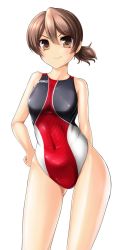 Rule 34 | 10s, 1girl, arm behind back, asics, bare shoulders, brown eyes, brown hair, competition swimsuit, covered navel, girls und panzer, hair between eyes, hand on own hip, hassen (8cm), highres, kawanishi shinobu, low ponytail, navel, one-piece swimsuit, ponytail, shiny clothes, shiny skin, short hair, short ponytail, simple background, smug, solo, standing, swimsuit, white background