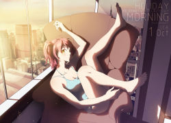 Rule 34 | 1girl, armchair, barefoot, breasts, chair, city, cityscape, cleavage, cloud, couch, english text, highres, indoors, jay zhang, legs, legs up, lens flare, light particles, long hair, long legs, looking at viewer, morning, new york city, original, pink hair, solo, tank top, text focus, twintails, window, yellow eyes