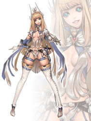 Rule 34 | 1girl, armor, bikini armor, blonde hair, blue eyes, boots, breasts, center opening, elbow gloves, garter straps, gloves, grin, long hair, mana (remana), original, smile, solo, sword, thigh boots, thighhighs, weapon