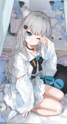 Rule 34 | 1girl, absurdres, animal ears, black choker, black ribbon, blue eyes, bow, cat ears, choker, closed mouth, collarbone, commentary request, dress, grey bow, grey hair, hair ornament, highres, indie virtual youtuber, indoors, kneeling, long hair, long sleeves, looking at viewer, nachoneko, no shoes, one eye closed, ribbon, sentter, sitting, socks, solo, striped clothes, striped socks, thighs, virtual youtuber, waking up, white dress, wide sleeves