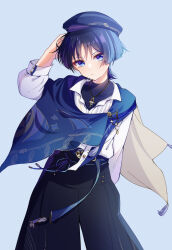 Rule 34 | 168 azusa, 1boy, belt, beret, black pants, black shirt, blue background, blue belt, blue cape, blue eyes, blue hair, blue hat, blue ribbon, blunt ends, cape, choppy bangs, closed mouth, collared shirt, commentary request, covered collarbone, cowboy shot, dark blue hair, eyeshadow, frown, genshin impact, hair between eyes, hand up, hat, head tilt, highres, jewelry, long sleeves, looking at viewer, makeup, male focus, necklace, official alternate costume, pants, pom pom (clothes), purple hair, red eyeshadow, ribbon, scaramouche (genshin impact), shirt, shirt tucked in, short hair, simple background, sleeveless, sleeveless shirt, solo, standing, tassel, turtleneck, two-sided cape, two-sided fabric, wanderer (genshin impact), white shirt