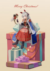 Rule 34 | 1girl, absurdres, animal ears, arknights, bell, black footwear, black gloves, black hairband, black jacket, blue cape, book, boots, bow, box, cape, closed mouth, cropped jacket, crossed legs, dress, fish, floating, full body, gift, gift box, gloves, gradient background, hairband, highres, jacket, jingle bell, knee boots, leaf (arknights), long hair, merry christmas, miike (992058), mini person, minigirl, official alternate costume, open clothes, open jacket, oxygen tank, red bow, red dress, red eyes, seahorse, silver hair, sitting, smile, very long hair, weedy (arknights), weedy (candy cape) (arknights), yellow background