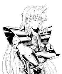 Rule 34 | 1boy, armor, bishounen, breastplate, closed eyes, closed mouth, commentary, crossed arms, gauntlets, gold saint, greyscale, hair between eyes, highres, long hair, male focus, monochrome, saint seiya, shoulder armor, simple background, solo, upper body, virgo shaka, white background, yunoo (cmzkvneld845)