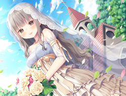 Rule 34 | 1girl, absurdres, asa no ha (awayuki), blue sky, blunt bangs, bouquet, bridal veil, brown dress, brown eyes, brown hair, building, church, closed mouth, cloud, day, detached sleeves, dress, dutch angle, flower, highres, holding, holding bouquet, jewelry, leaf, lips, long hair, looking at viewer, necklace, non-web source, original, outdoors, sky, smile, solo, tree, two-tone dress, veil, wavy hair, wedding dress, white dress