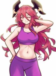 Rule 34 | 1girl, alternate costume, arm behind head, artist name, breasts, dragalia lost, dragon girl, dragon horns, hand on own hip, highres, horns, long hair, looking at viewer, medium breasts, mym (dragalia lost), navel, one eye closed, red eyes, rotomdocs, smile, solo, sportswear, white background