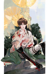 Rule 34 | 1boy, absurdres, animal, armouries, bird, black footwear, blood, blood on arm, blood on clothes, blood on face, blood on ground, blood on leg, bob cut, boots, brown hair, cape, eren yeager, green cape, green eyes, harness, hawk, highres, holding, holding animal, male focus, paradis military uniform, plant, shingeki no kyojin, short hair, sitting, sitting on stairs, solo, stairs, thigh strap