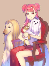 Rule 34 | 1girl, afghan hound, animal, armchair, bracelet, breasts, brown background, chair, cleavage, closed mouth, clothing cutout, dog, double bun, dress, enkyo yuuichirou, feet out of frame, hair bun, highres, hisho collection, holding, holding animal, holding dog, jewelry, lhasa apso, long dress, long hair, looking at viewer, medium breasts, mole, mole under eye, necklace, orange eyes, pink hair, side cutout, simple background, smile