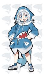 Rule 34 | 1girl, :d, animal hood, blue eyes, blue footwear, blue hair, blue hoodie, blush, blush stickers, commentary, fangs, fins, fish tail, flat chest, full body, gawr gura, gawr gura (1st costume), hands on own hips, highres, hololive, hololive english, hood, hoodie, looking at viewer, muku (d4uydnvxygxewu3), multicolored hair, open mouth, patterned background, shark, shark hood, sharp teeth, shoes, short hair, silver hair, simple background, smile, socks, solo, standing, streaked hair, tail, teeth, two-tone hair, virtual youtuber, white footwear