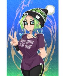 Rule 34 | 1girl, absurdres, arm behind back, beanie, black hat, blue background, blue hair, breasts, closed mouth, colored tips, commentary, gradient background, green background, green eyes, green hair, green hat, hat, highres, medium hair, multicolored hair, nintendo, norishiitsu, octoling, octoling girl, octoling player character, pillarboxed, print headwear, print shirt, purple shirt, shirt, smile, solo, splatoon (series), splatoon 3, tentacle hair, two-tone background, two-tone hair, v