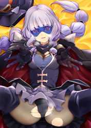 Rule 34 | 1girl, bed sheet, black cape, black footwear, black gloves, black hat, black panties, black vest, blunt bangs, bodysuit, boots, breasts, cape, cleavage, colored eyelashes, delicious party precure, elbow gloves, gentlu (precure), gloves, grey hair, grey skirt, grey thighhighs, hamuhamu, hat, long hair, looking at viewer, lying, medium breasts, mismatched eyelashes, multi-tied hair, on back, outstretched hand, panties, pantyhose, precure, red eyes, see-through, see-through legwear, skirt, smile, solo, spread legs, thigh boots, thighhighs, top hat, torn bodysuit, torn clothes, torn legwear, twintails, two-sided cape, two-sided fabric, underwear, unworn headwear, vest, visor
