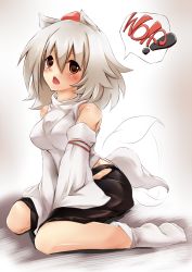 Rule 34 | 1girl, animal ears, bare shoulders, blush, breasts, detached sleeves, english text, female focus, hat, inubashiri momiji, large breasts, open mouth, red eyes, short hair, silver hair, simple background, sitting, solo, sorato jun, speech bubble, tail, tail wagging, tokin hat, touhou, wariza, wide sleeves, wolf ears, wolf tail