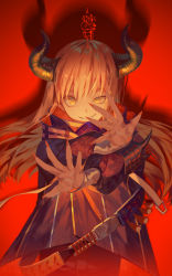 Rule 34 | 1girl, armor, belt, blonde hair, bright pupils, commentary request, fingernails, grin, half-closed eye, horns, looking at viewer, nail polish, original, red background, red nails, sharp fingernails, sharp teeth, slit pupils, smile, solo, standing, teeth, uneven eyes, upper body, yamakawa, yellow eyes