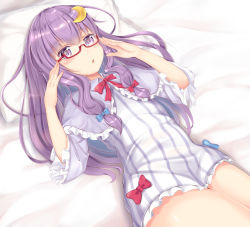 Rule 34 | 1girl, bad id, bad pixiv id, bed, bespectacled, blue bow, bow, bowtie, capelet, collar, commentary request, crescent, crescent hair ornament, dress bow, glasses, hair bow, hair ornament, kokuto (kurousagi1210), long hair, looking at viewer, lying, no headwear, on back, patchouli knowledge, pillow, purple eyes, purple hair, red-framed eyewear, red bow, red bowtie, solo, thighs, touhou, very long hair, wide sleeves