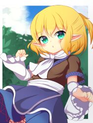 Rule 34 | 1girl, arm warmers, blonde hair, blue skirt, blue sky, blush, breasts, brown shirt, bush, clenched hand, cloud, commentary request, cowboy shot, green eyes, half updo, highres, koruk700, looking at viewer, medium bangs, mizuhashi parsee, open mouth, parsee day, pointy ears, sash, scarf, shirt, short hair, short ponytail, short sleeves, skirt, sky, small breasts, solo, touhou, white sash, white scarf