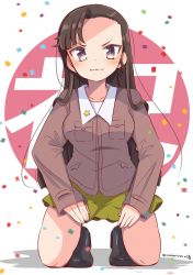 Rule 34 | 1girl, asymmetrical bangs, text background, black footwear, boots, brown eyes, brown hair, brown jacket, chi-hatan military uniform, closed mouth, commentary, confetti, girls und panzer, hands on own thighs, highres, jacket, kanji, knee boots, kneeling, long hair, long sleeves, looking at viewer, military, military uniform, miniskirt, namatyoco, nishi kinuyo, pleated skirt, skirt, smile, solo, star (symbol), straight hair, twitter username, uniform, yellow skirt