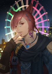 Rule 34 | 1boy, animal ears, braid, brown gloves, cat boy, cat ears, facial mark, ferris wheel, final fantasy, final fantasy xiv, fingerless gloves, g&#039;raha tia, gloves, hair between eyes, hair ornament, hand to own mouth, jewelry, looking at viewer, male focus, miqo&#039;te, neck tattoo, necklace, night, night sky, parted lips, red eyes, red hair, rope, scarf, shin716, short hair, sky, slit pupils, solo, tattoo, upper body, x hair ornament