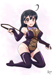 Rule 34 | 1girl, ahoge, akashieru, alternate costume, artist name, black gloves, black hair, black leotard, black thighhighs, bow, bowtie, breasts, brown eyes, cleavage, commentary request, dominatrix, elbow gloves, fingerless gloves, gloves, highres, kantai collection, kneeling, large breasts, leotard, long hair, navel, purple bow, purple bowtie, simple background, solo, thighhighs, ushio (kancolle), whip, white background