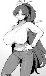 1girl absurdres aged_up blush breasts commentary_request contrapposto greyscale hand_on_own_hip highres huge_breasts kirome_(kamipaper) long_hair long_sleeves mahou_shoujo_madoka_magica mahou_shoujo_madoka_magica_(anime) mature_female monochrome pants ponytail ribbed_sweater sakura_kyoko simple_background smile solo sweater teeth turtleneck turtleneck_sweater white_sweater