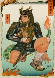 Rule 34 | 1boy, absurdres, alternate species, armor, artist name, bara, black shorts, blue background, border, brown hair, bulge, chinese zodiac, closed mouth, dragon boy, dragon tail, fire, flame-tipped tail, full body, gauze on knee, gradient background, green eyes, green footwear, hand on floor, hand up, helmet, highres, holding, holding sword, holding weapon, inuyama masato (shan), japanese armor, kabuto (helmet), katana, kote, looking to the side, male focus, new year, on one knee, original, ornate border, ringed eyes, samurai, shan (shanshankuo), sheath, sheathed, shoes, short hair, shorts, sneakers, solo, sword, tail, thick eyebrows, translation request, very short hair, weapon, white leg warmers, year of the dragon