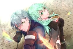 Rule 34 | 1boy, 1girl, arrow (projectile), ashe ubert, back-to-back, bow (weapon), breasts, byleth (female) (fire emblem), byleth (fire emblem), closed mouth, fire emblem, fire emblem: three houses, green eyes, green hair, hair between eyes, holding, holding arrow, holding bow (weapon), holding sword, holding weapon, long hair, medium breasts, nintendo, signature, silver hair, sword, weapon, yori (a a yori)
