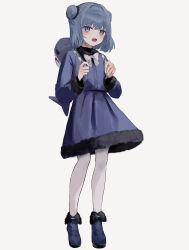 Rule 34 | 1girl, absurdres, animal bag, black scrunchie, blue footwear, blue hair, blue jacket, blue skirt, bow, bowtie, commentary, fur-trimmed footwear, fur-trimmed jacket, fur-trimmed skirt, fur trim, grey eyes, hair bun, hair ornament, hair scrunchie, highres, holding strap, jacket, light blush, long sleeves, looking at viewer, open mouth, original, pantyhose, scrunchie, shark bag, sharp teeth, short hair, shou (mori boro), skirt, solo, symbol-only commentary, teeth, white bow, white bowtie, white pantyhose