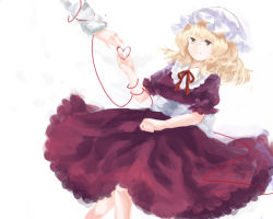Rule 34 | 1girl, bad id, bad pixiv id, blonde hair, dress, female focus, hat, heart, lying, maribel hearn, outstretched hand, puffy short sleeves, puffy sleeves, purple dress, ribbon, short hair, short sleeves, solo, string, string of fate, touhou, weast, white background