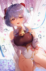 Rule 34 | 1girl, :d, apple caramel, bare shoulders, bell, blue hair, blush, breasts, bubble, cowbell, curtain grab, curtains, flower, ganyu (genshin impact), genshin impact, goat horns, highres, horns, large breasts, leotard, looking at viewer, open mouth, purple eyes, sitting, smile, solo, transparent